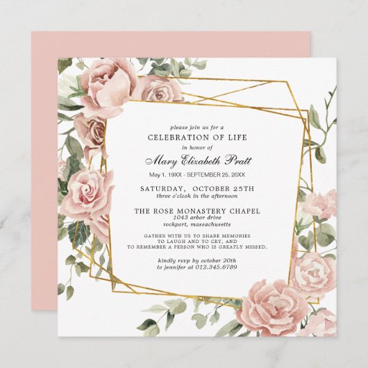 お祝いの生活葬儀記念ピンクフローラ 招待状 (正面/裏面)