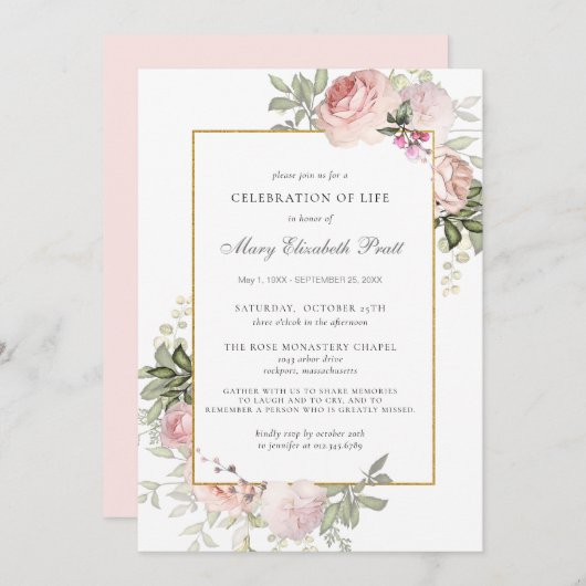 お祝いの生活葬儀記念ピンクフローラ 招待状 (正面/裏面)