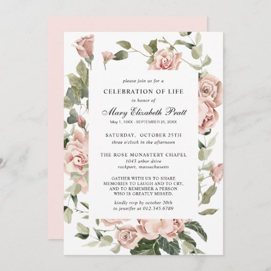 お祝いの生活葬儀記念ピンクフローラ 招待状 (正面/裏面)