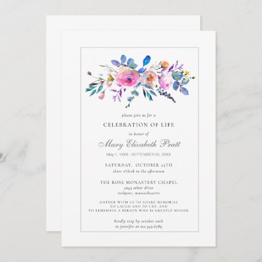 お祝いの生活葬儀記念ピンクフローラ 招待状 (正面/裏面)