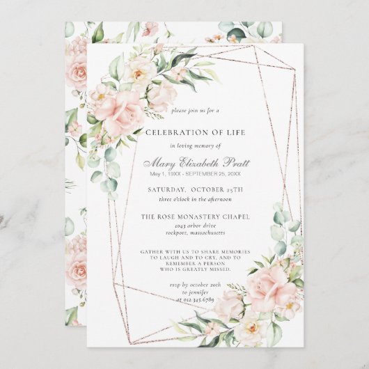 お祝いの生活葬儀記念ピンクフローラ 招待状 (正面/裏面)