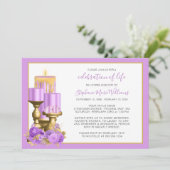 お祝いの生活葬儀記念薄紫ロウソク 招待状 (スタンド正面)