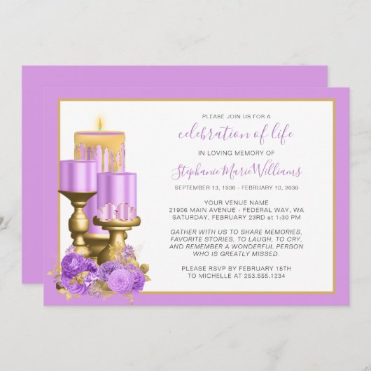 お祝いの生活葬儀記念薄紫ロウソク 招待状 (正面/裏面)