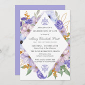 お祝いの生涯の葬儀記念紫フローラ 招待状 (正面/裏面)