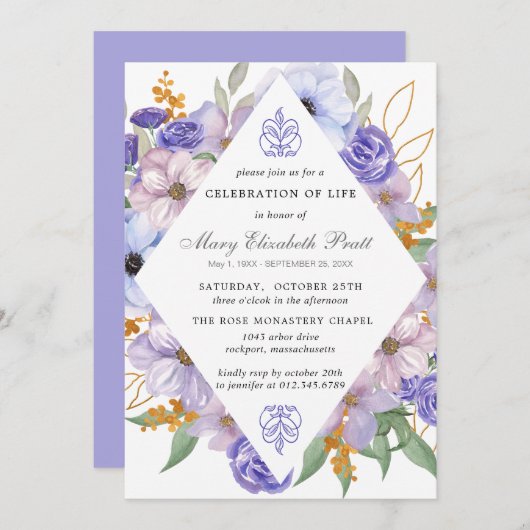 お祝いの生涯の葬儀記念紫フローラ 招待状 (正面/裏面)
