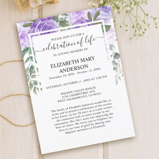 お祝いの生涯の葬儀記念紫フローラ 招待状
