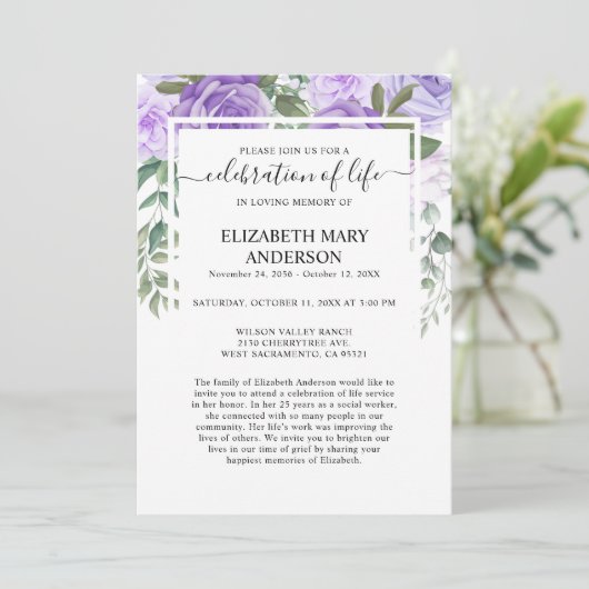 お祝いの生涯の葬儀記念紫フローラ 招待状 (スタンド正面)