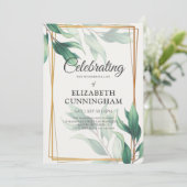 お祝いの緑の葉の金ゴールド幾何学的 招待状 (スタンド正面)