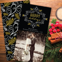 お祝いの群葉のシックな休日の挨拶の写真カード