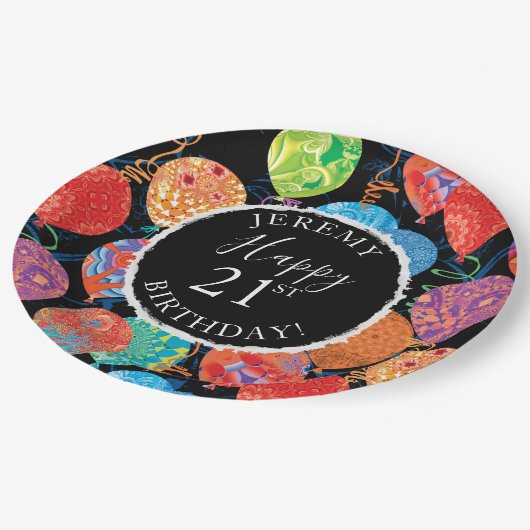 お祝いの誕生日の気球は名前および年齢を加えます ペーパープレート (アングル)