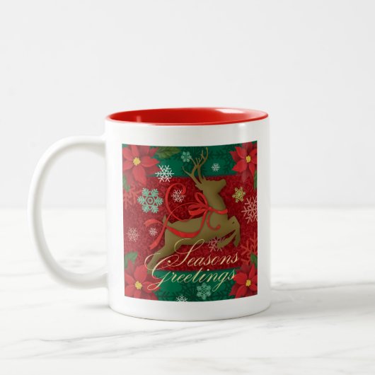 お祝いの赤いトナカイの休日のマグ、季節のごあいさつ ツートーンマグカップ (左)