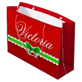 お祝いの赤い緑のクリスマスのデザインの名前をカスタムする ラージペーパーバッグ (裏面アングル)