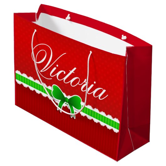 お祝いの赤い緑のクリスマスのデザインの名前をカスタムする ラージペーパーバッグ (裏面アングル)