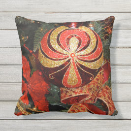 お祝いの赤い金ゴールドのクリスマスのオーナメント及びポインセチア アウトドアクッション