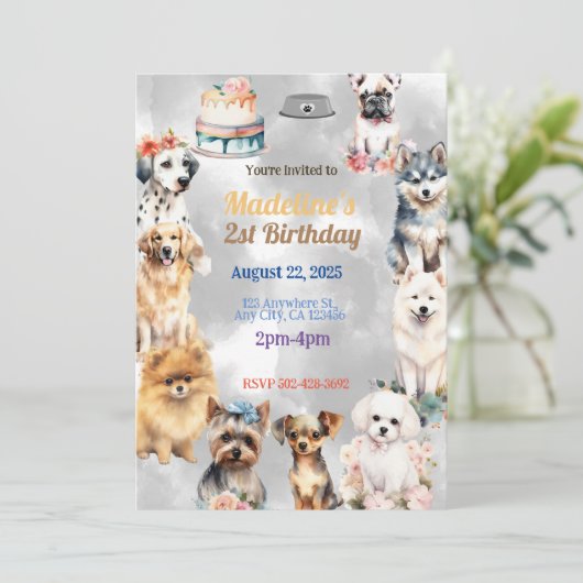 お祝いの足：フェスティバル犬の誕生日パーティーテーマ 招待状 (スタンド正面)