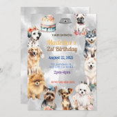 お祝いの足：フェスティバル犬の誕生日パーティーテーマ 招待状 (正面/裏面)