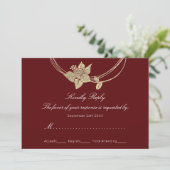 お祝いの返信カード バーガンディ ワインレッド ゴールド 花のリース 結婚式 招待状 (スタンド正面)