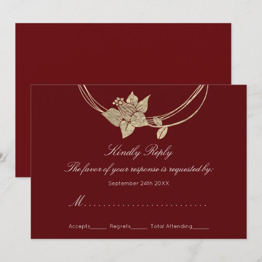 お祝いの返信カード バーガンディ ワインレッド ゴールド 花のリース 結婚式 招待状 (正面/裏面)