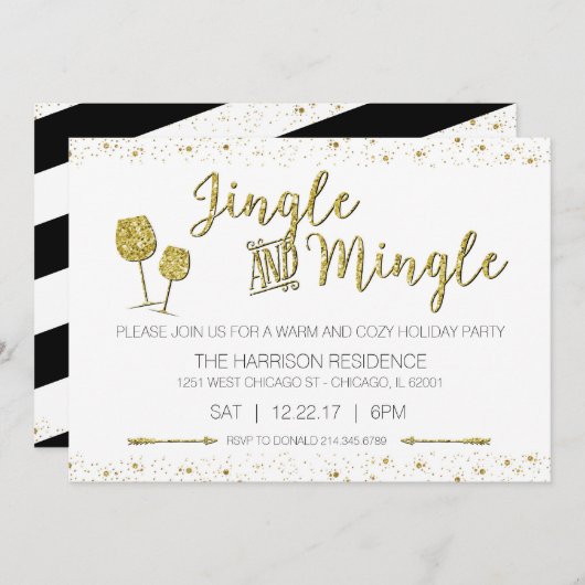 お祝いの金ゴールドのジングルは及び休日のパーティの招待を混ぜます 招待状 (正面/裏面)