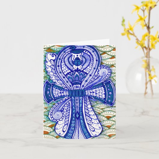 お祝いの青いエジプトのオオタマオシコガネのAnkhの悪のまなざし カード (黄色い花)