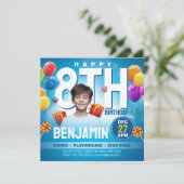 お祝いの青い子供の誕生日パーティーの写真 招待状 (スタンド正面)