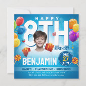 お祝いの青い子供の誕生日パーティーの写真 招待状 (正面)