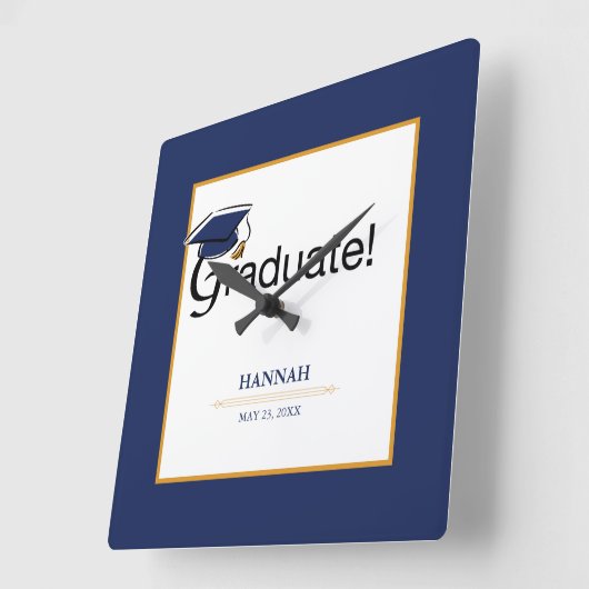 お祝いは、帽子、ふさ、青、金ゴールド卒業します スクエア壁時計 (傾斜)