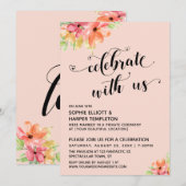 お祝いを共に ハートのスクリプト フラワーズ ブラッシュ ピンク 招待状 (正面/裏面)