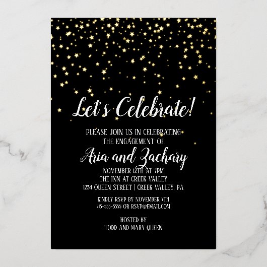 お祝いを 黒地にゴールドのコンフェッティ 箔招待状 (正面)