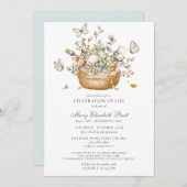 お祝いオブライフほこりっぽい青いフローラ蝶 招待状 (正面/裏面)