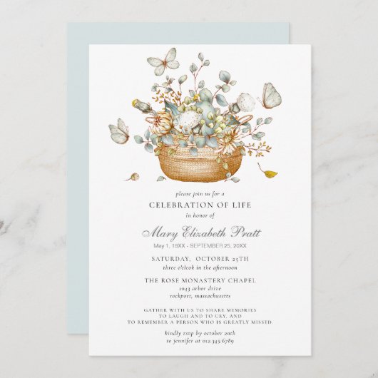 お祝いオブライフほこりっぽい青いフローラ蝶 招待状 (正面/裏面)