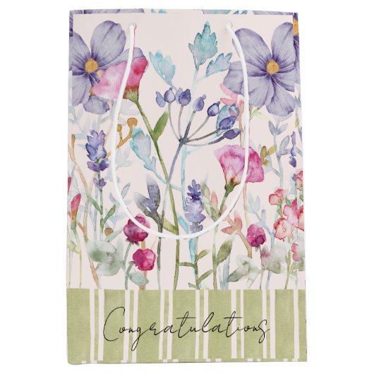 お祝いカスタム水の色の紫色の花 ミディアムペーパーバッグ (正面)