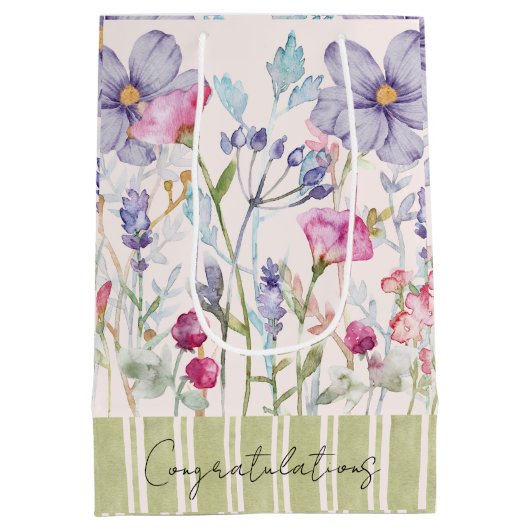 お祝いカスタム水の色の紫色の花 ミディアムペーパーバッグ (裏面)