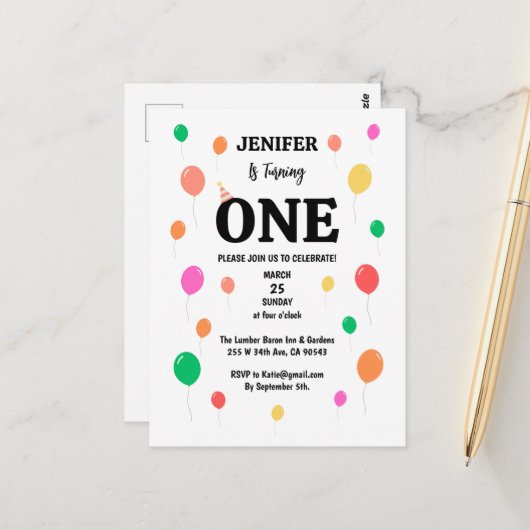 お祝いカラフル風船誕生日 ポストカード (正面/裏面インサイチュ)