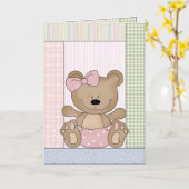 お祝いカード: ピンクの弓を持つテディー・ベア カード (黄色い花)