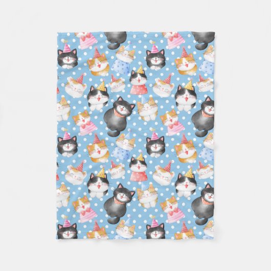 お祝いキャッツオンブルー水玉模様 フリースブランケット (正面)