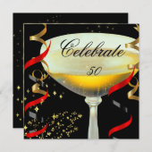 お祝いシャンパンレッド金ゴールドブラックパーティー 招待状 (正面/裏面)