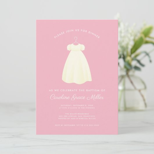 お祝いシンプルガウンバプティスディナー招待状 招待状 (スタンド正面)