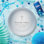 お祝いシンプルクロスボーイズファースト聖体ブルー ペーパープレート (パーティー)