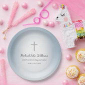 お祝いシンプルクロスボーイズファースト聖体ブルー ペーパープレート (パーティー)