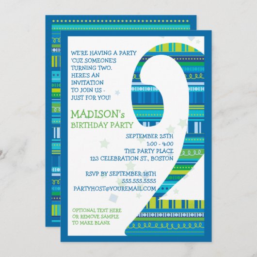 お祝いストライプナンバー2第2誕生日パーティー 招待状 (正面/裏面)