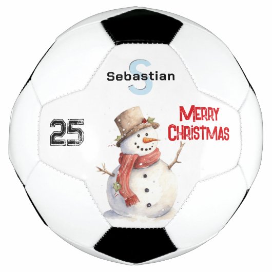 お祝いスノーマンのモノグラム入りメリークリスマス サッカーボール (正面)