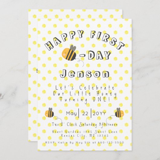 お祝いハニービーファースト誕生日 招待状 (正面/裏面)