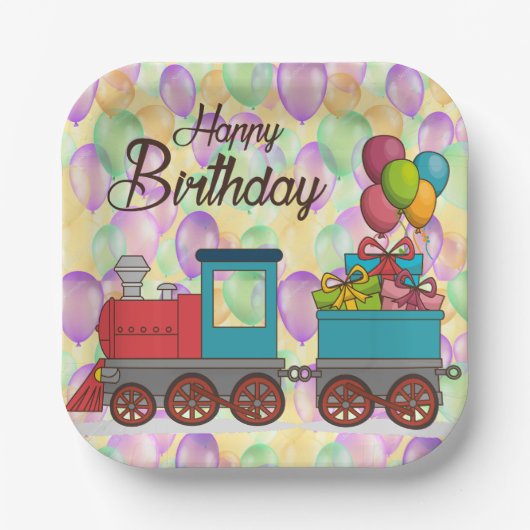 お祝いバースデーバルーントレイン 誕生日 ペーパープレート (正面)