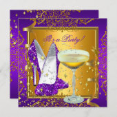 お祝いパープルシャンパン王室の金ゴールドパーティー 招待状 (正面/裏面)