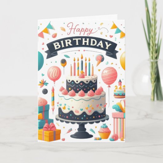お祝いムード満載の誕生日ケーキ&風船 カード (正面)