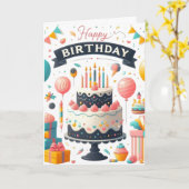 お祝いムード満載の誕生日ケーキ&風船 カード (黄色い花)