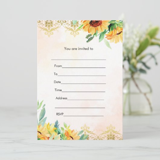 お祝い事用のピンクゴールドのひまわり水彩画の招待状 招待状 (スタンド正面)
