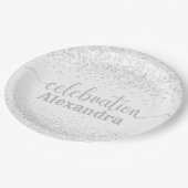 お祝い誕生日、新年グリッターシルバーホワイト ペーパープレート (アングル)