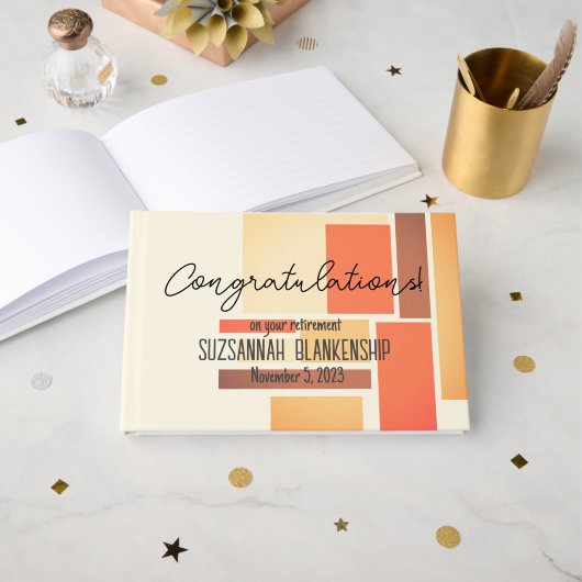 お祝い退職 オレンジ ブロック 抽象 カスタム ゲストブック (正面見開き)